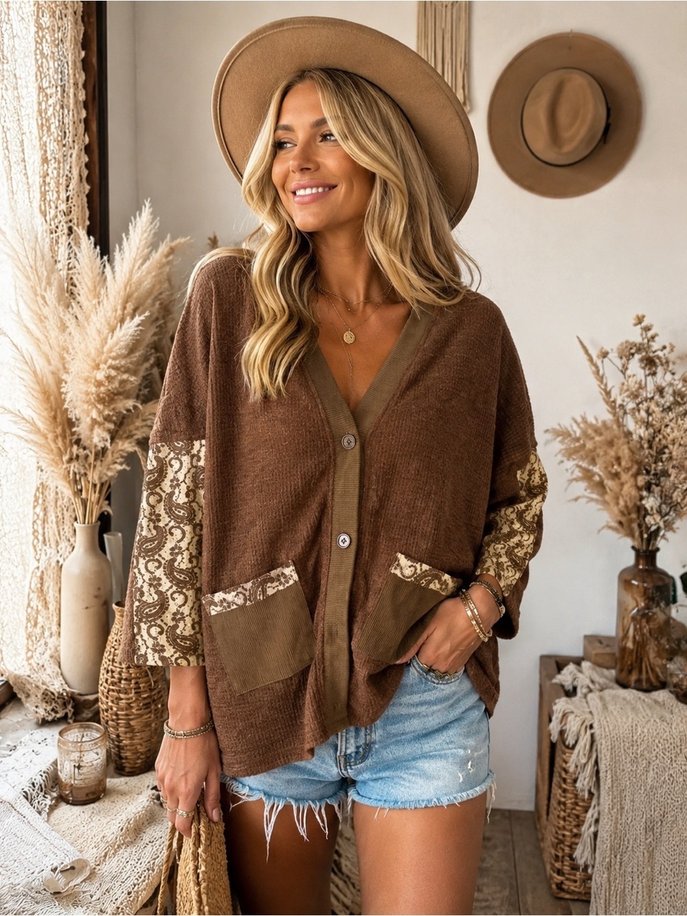 New Yak & Yeti Chocolate Patchwork Button-Front Cardigan Sweater One Size Boho
